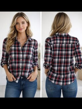 Tommy Hilfiger Women’s Large Red Navy Plaid Button Down Shirt Roll Tab Sleeves